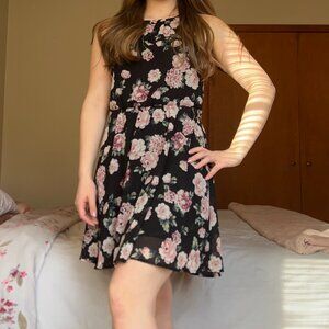 Francesca's Black and Pink Floral Blue Rain Dress